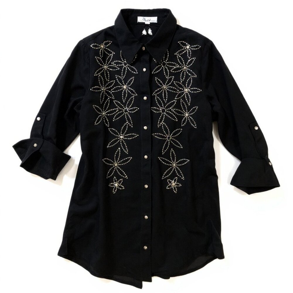 $10 SALE Women's Black Button Up Blouse with Beaded Floral Applique Size S